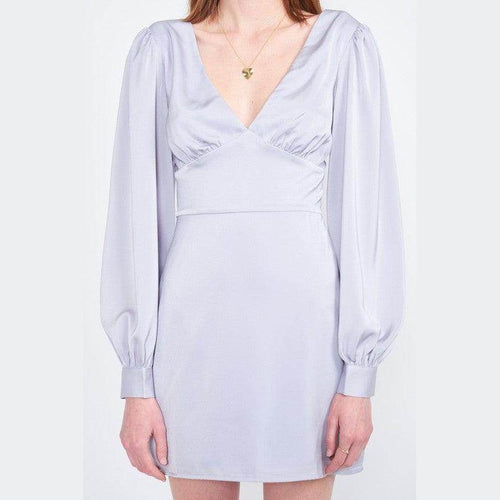 Emory Park back strap tulip mini dress in light lavender with puff sleeves and a flattering silhouette