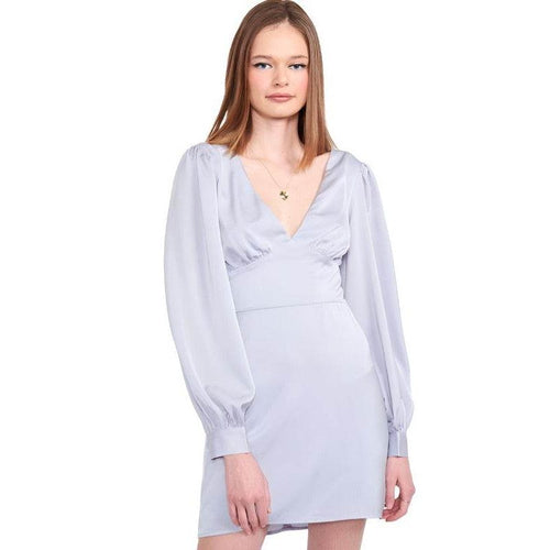 Light purple back strap tulip mini dress with puff sleeves and V-neck neckline for trendy women's fashion