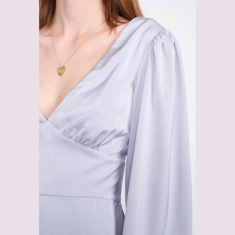 Emory Park back strap tulip mini dress in soft lavender with elegant puff sleeves