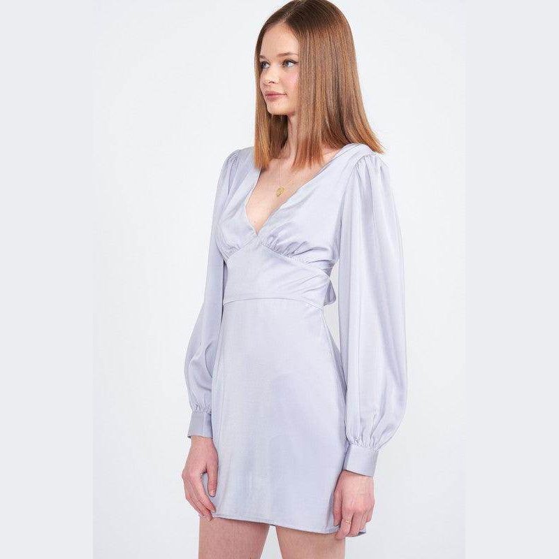 Emory Park back strap tulip mini dress in soft lavender with puff sleeves for a stylish look