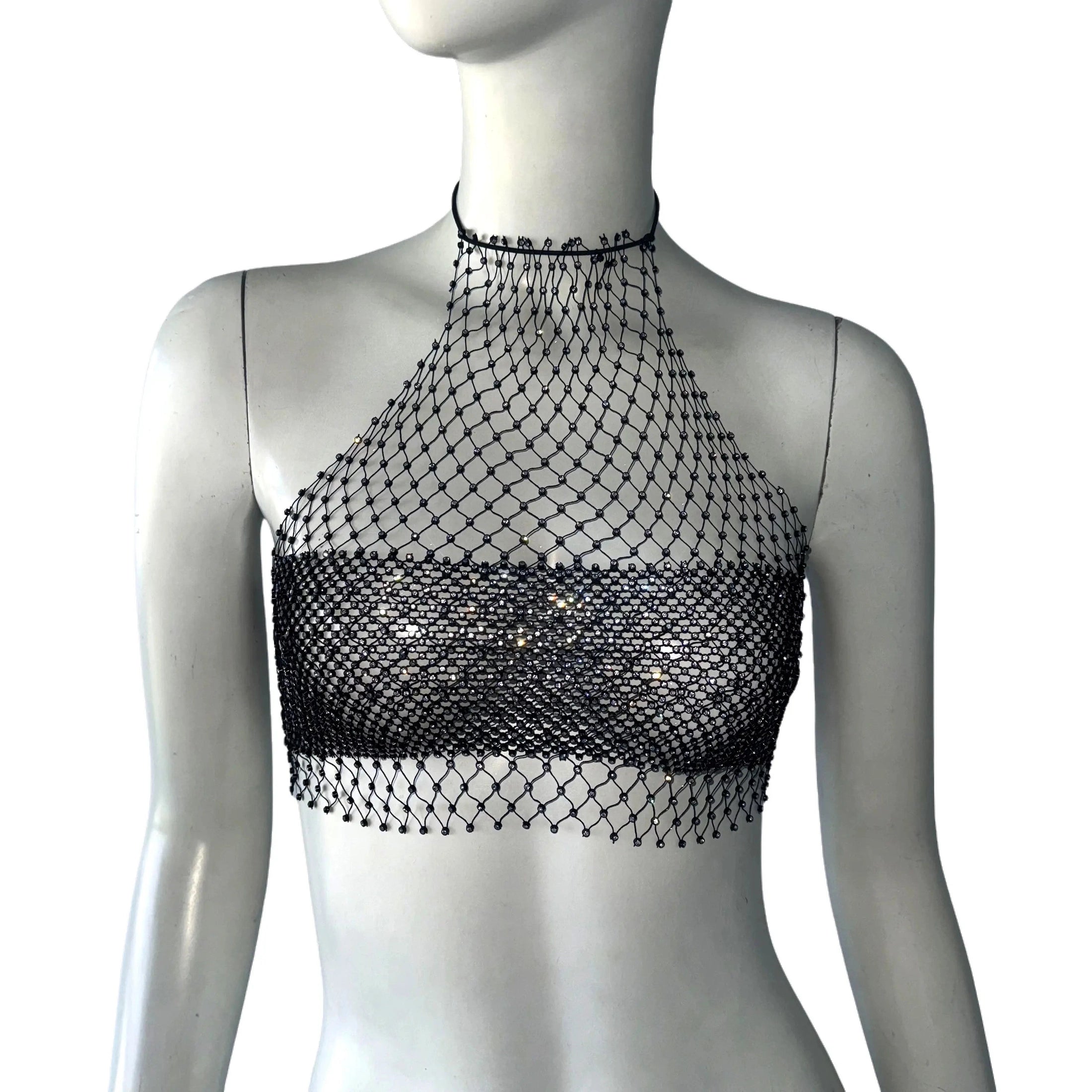 Black backless bandage clubwear tank with mesh net detailing on a mannequin bust