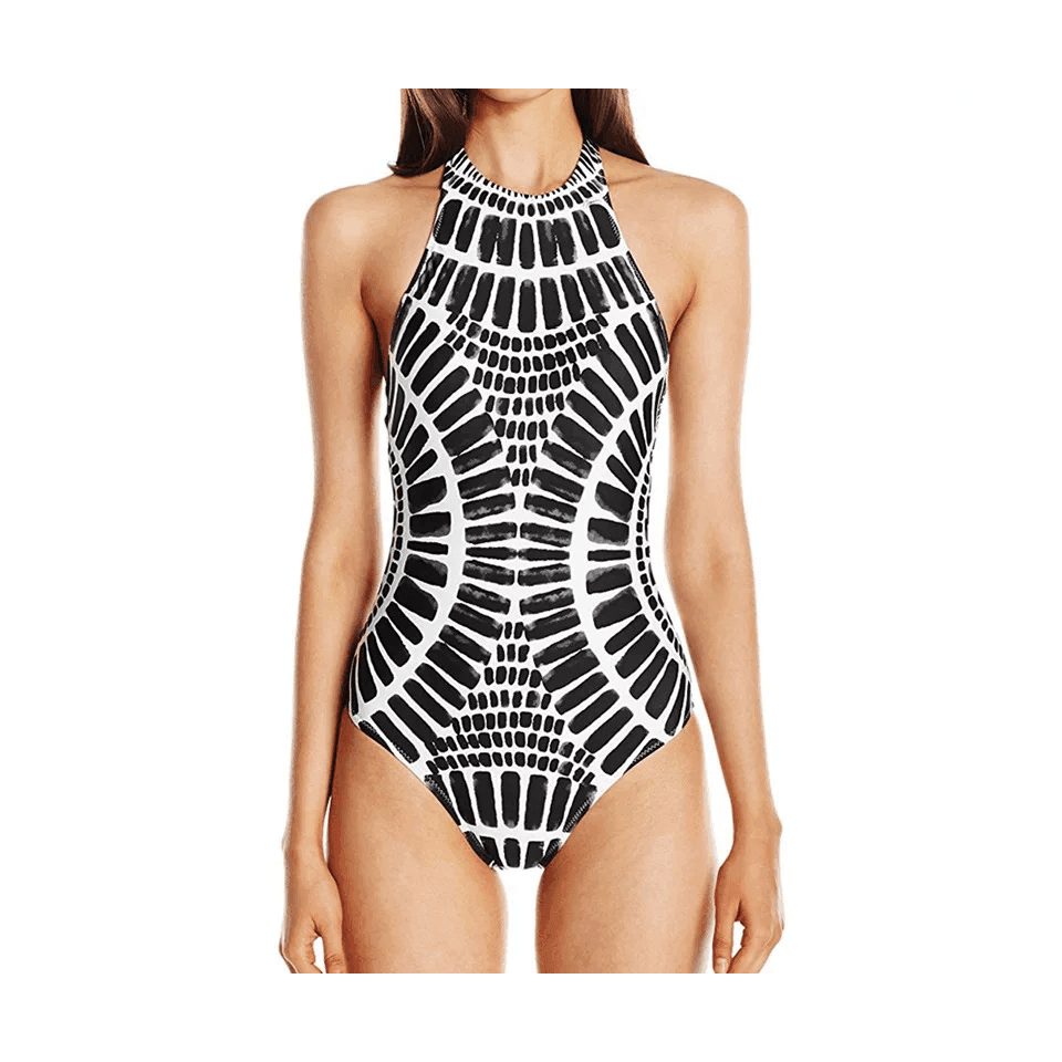 Stylish black and white backless one-piece swimsuit for women from VacationGrabs