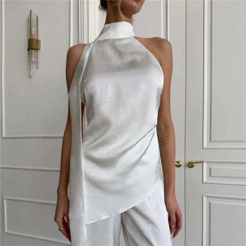 Women's white satin backless top, ideal for summer events