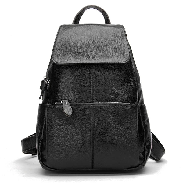 Black leather backpack for travelling for women with multiple pockets
