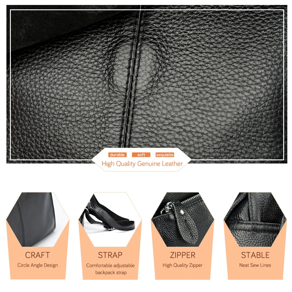 Black genuine leather backpack for travelling for women with adjustable strap