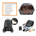 Black leather backpack for travelling for women with seven pockets for easy organization