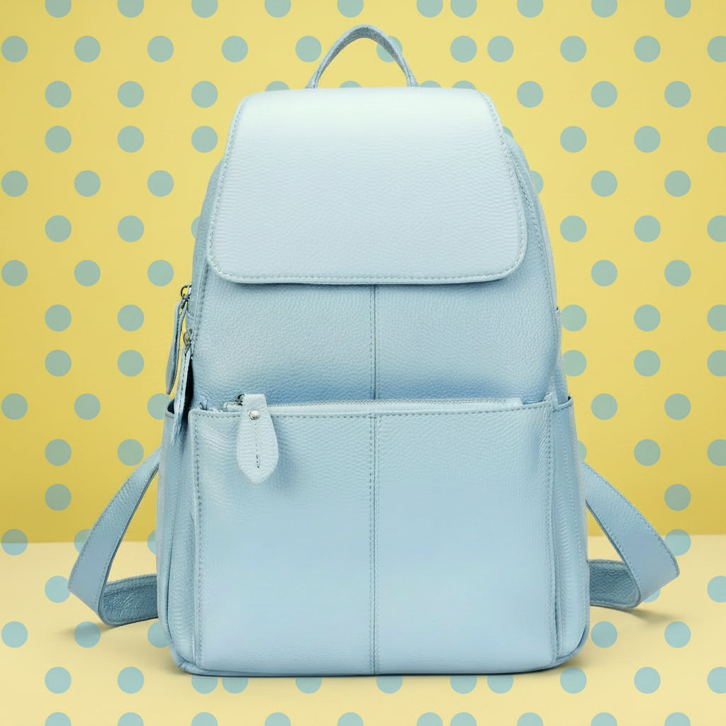 Light blue leather backpack for travelling for women with front pockets