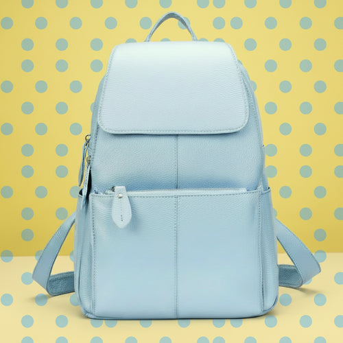 Light blue leather backpack for travelling for women with front pockets