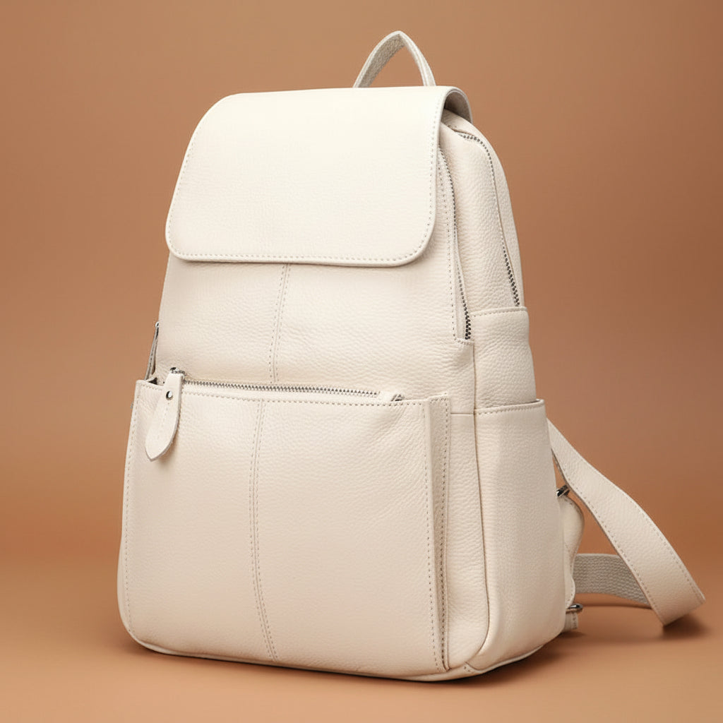 VacationGrabs cream leather backpack for travelling for women with multiple pockets