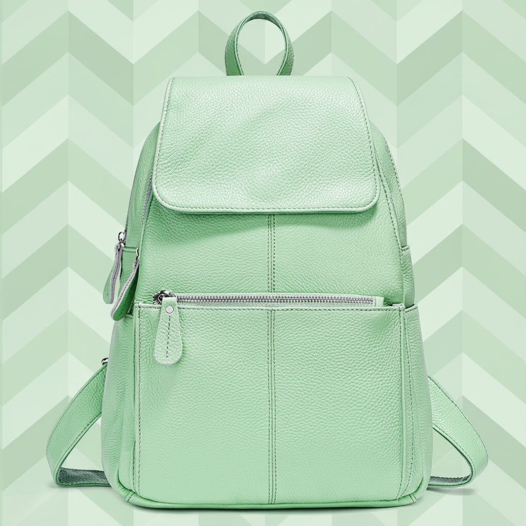 Mint green leather backpack for travelling for women