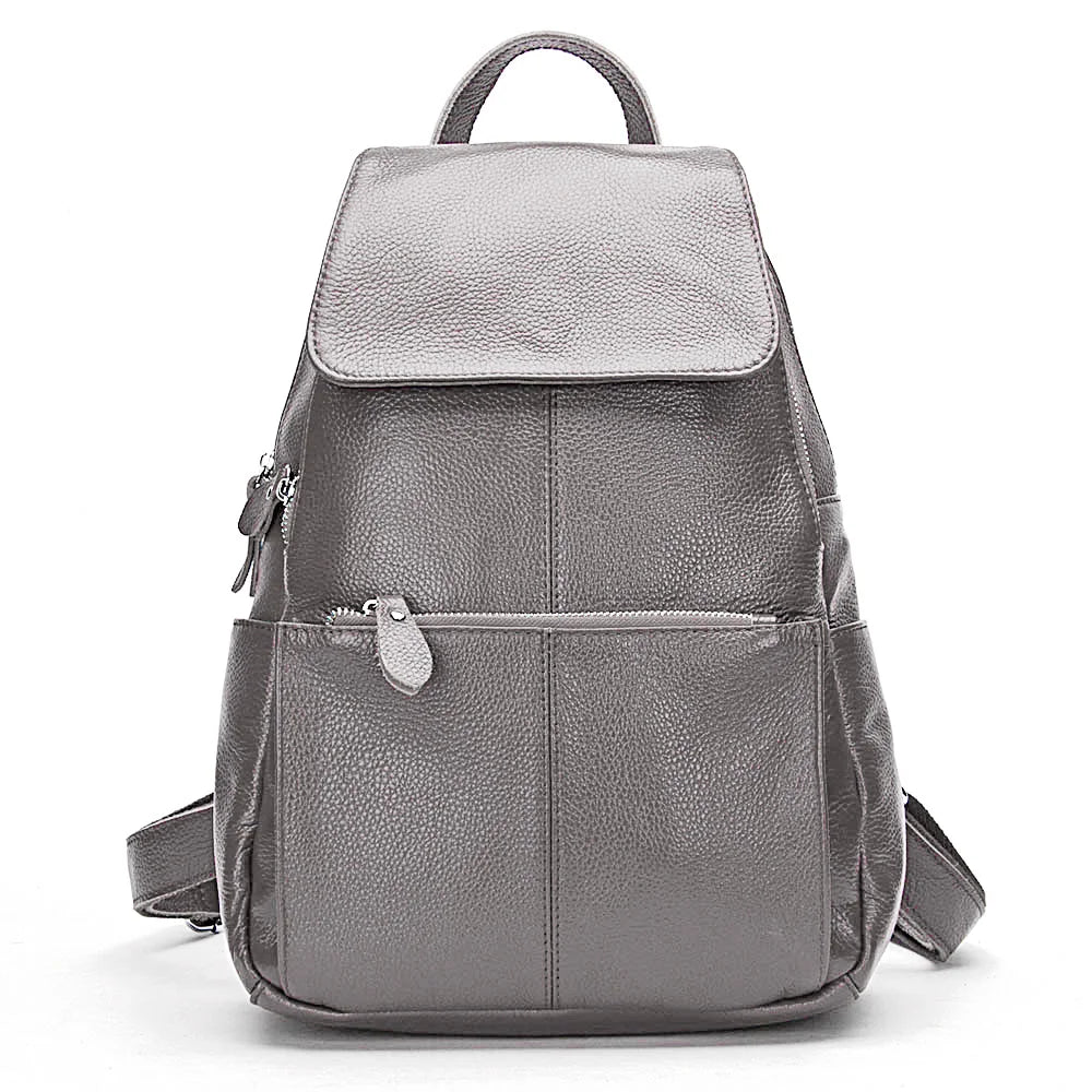 Gray leather backpack for travelling for women with multiple pockets