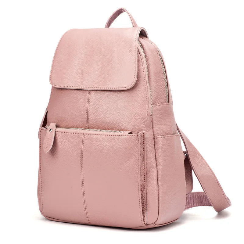 Pink leather backpack for travelling for women with adjustable straps