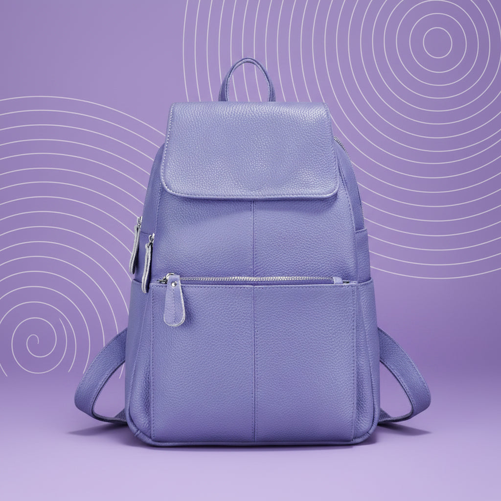 Purple leather backpack for travelling for women with multiple pockets