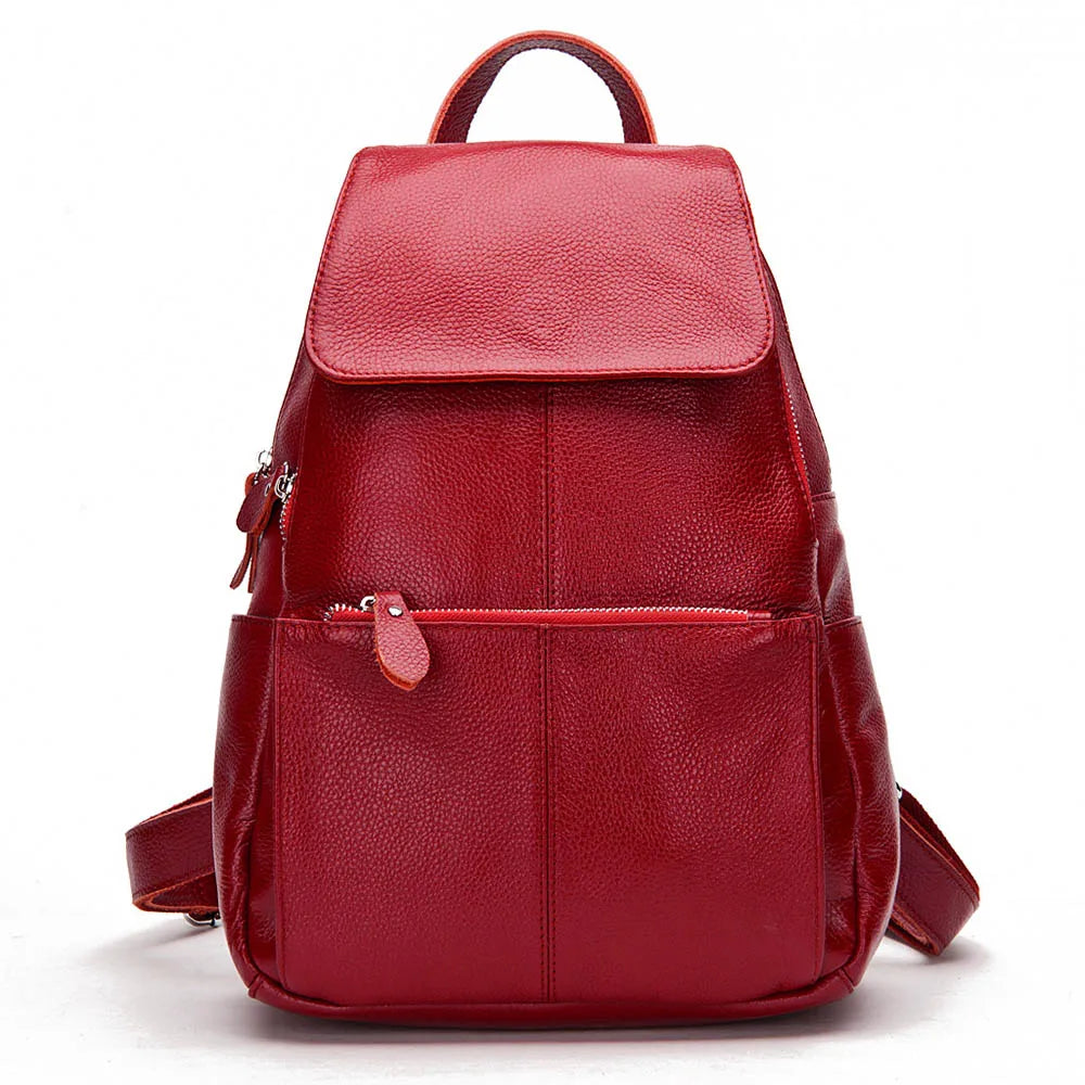 Red leather backpack for travelling for women with multiple pockets
