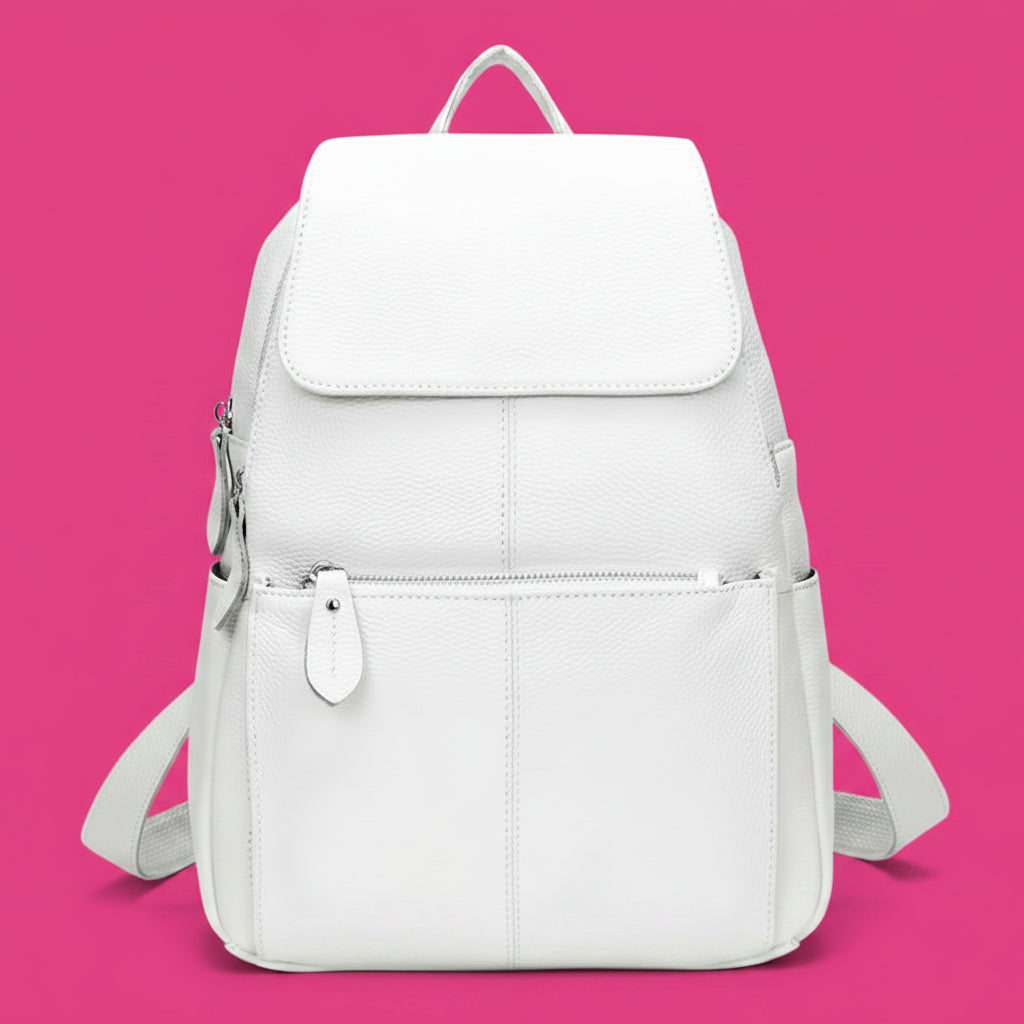 White leather backpack for travelling for women with multiple pockets
