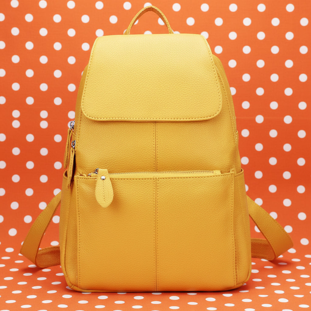 Yellow leather backpack for travelling for women with multiple pockets