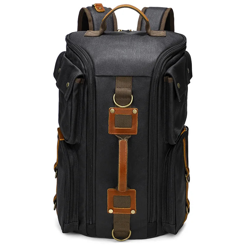 black canvas backpack with large capacity for travel and outdoor use