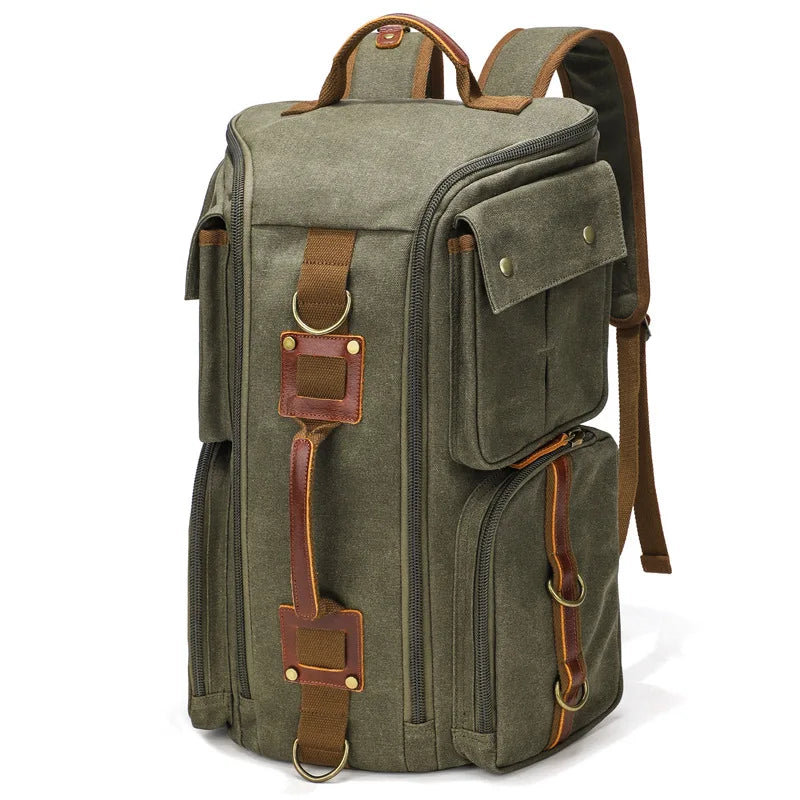 green canvas backpack with large capacity for outdoor adventures