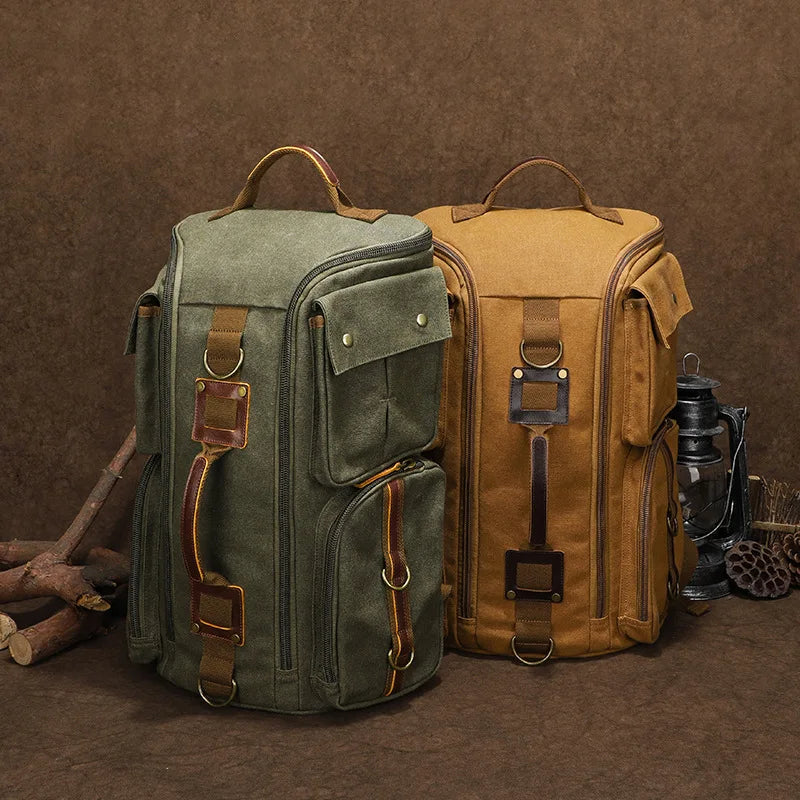 Canvas duffel backpacks in green and tan, large capacity for travel