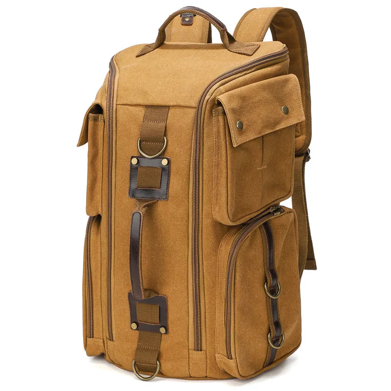 Large capacity tan canvas travel backpack with multiple pockets