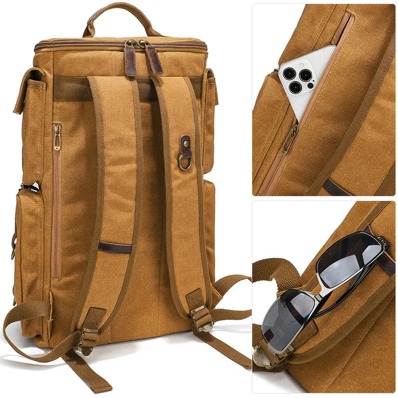 Brown canvas backpack with large capacity for travel and everyday use