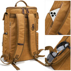 Brown canvas backpack with large capacity for travel and everyday use