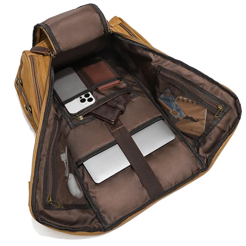 Large capacity tan travel bag with multiple compartments for organization