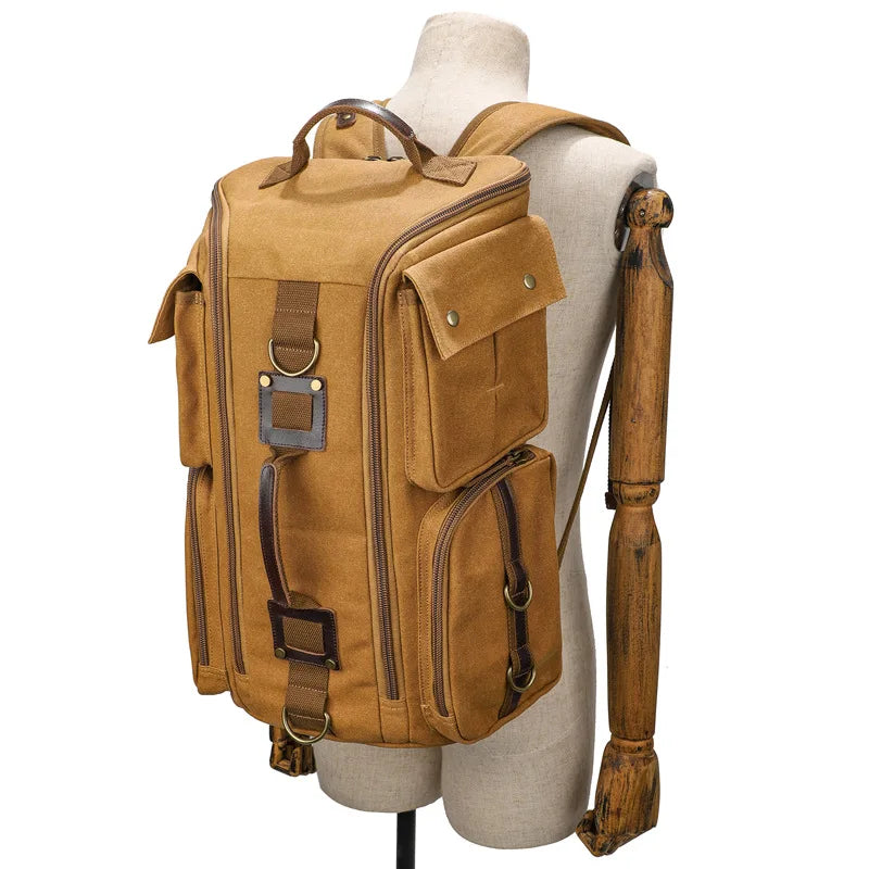 Large capacity tan backpack, durable canvas, perfect for travel