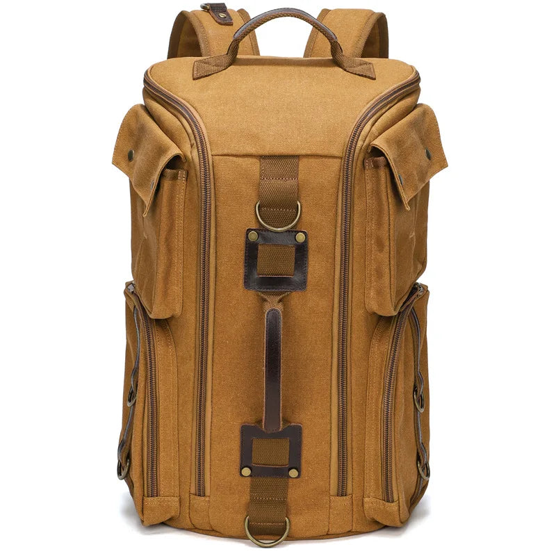 Large capacity brown canvas backpack for travel and outdoor use