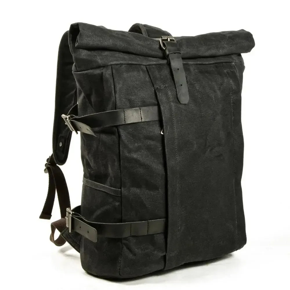 Men's black roll-top backpack, durable material, ideal for travel