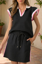 Stripe Trim Polo Tee & Drawstring Skirt Set