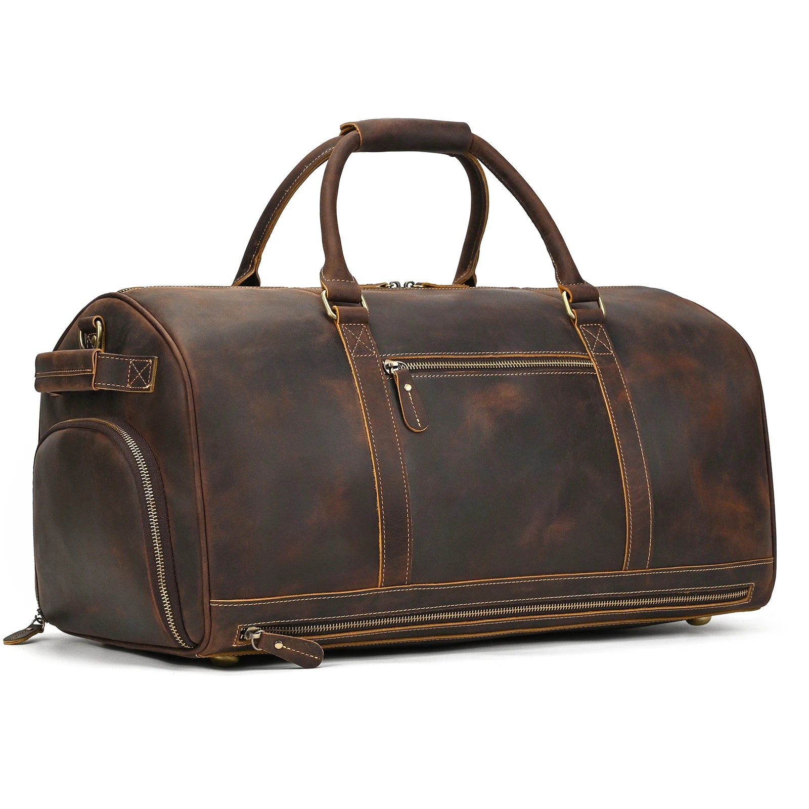 Brown leather duffel bag, perfect for weekend travel and stylish storage
