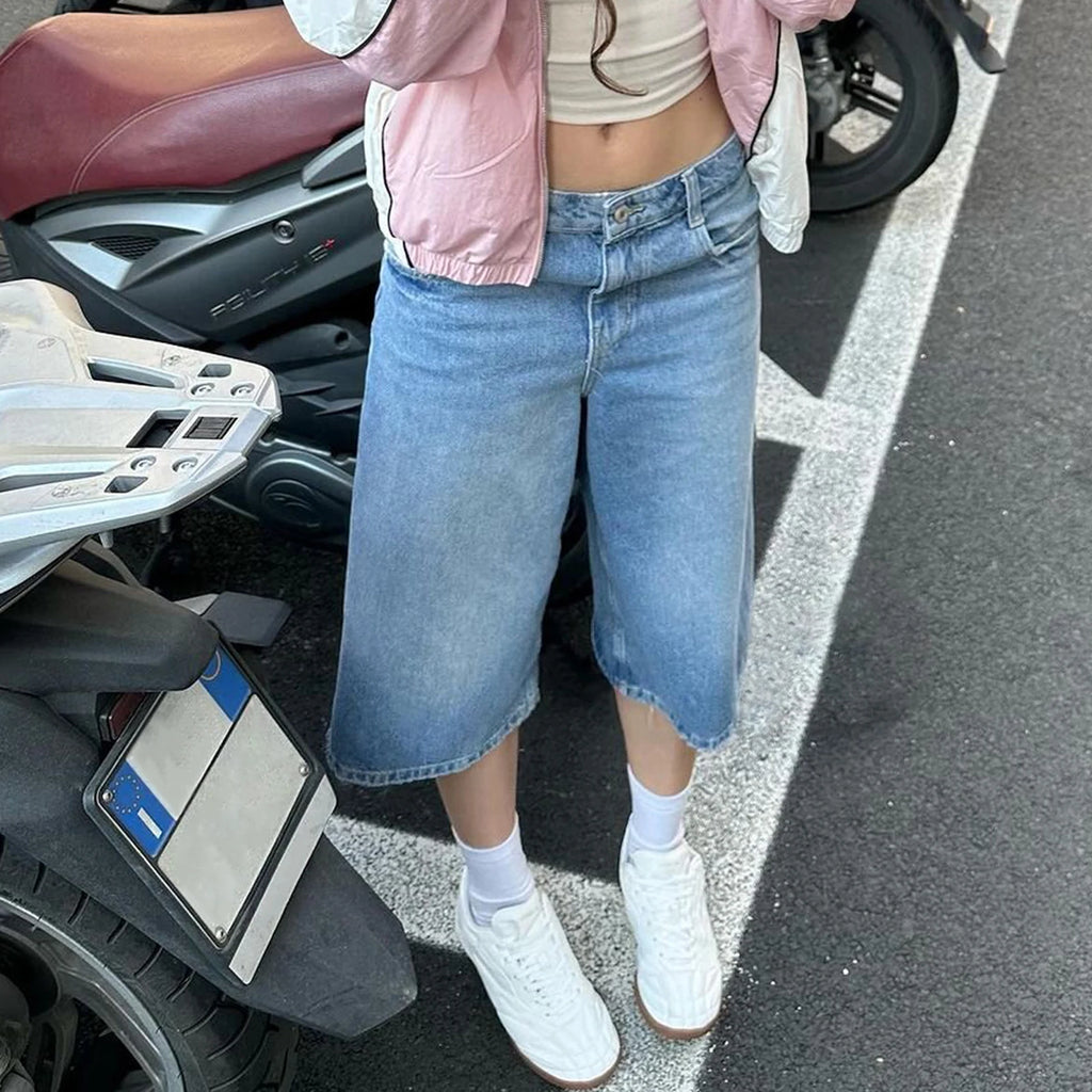Women's baggy jean shorts in light blue for casual summer wear
