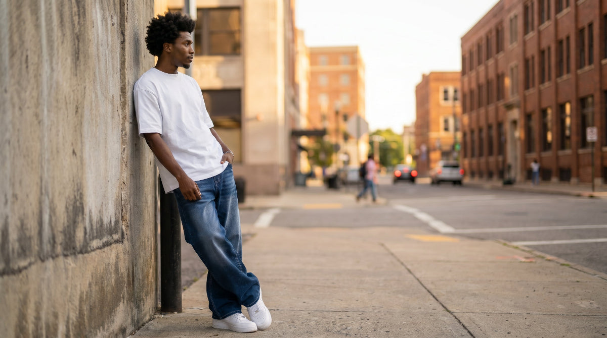Man wearing dark blue wide-leg baggy jeans on urban street at golden hour, cinematic landscape view