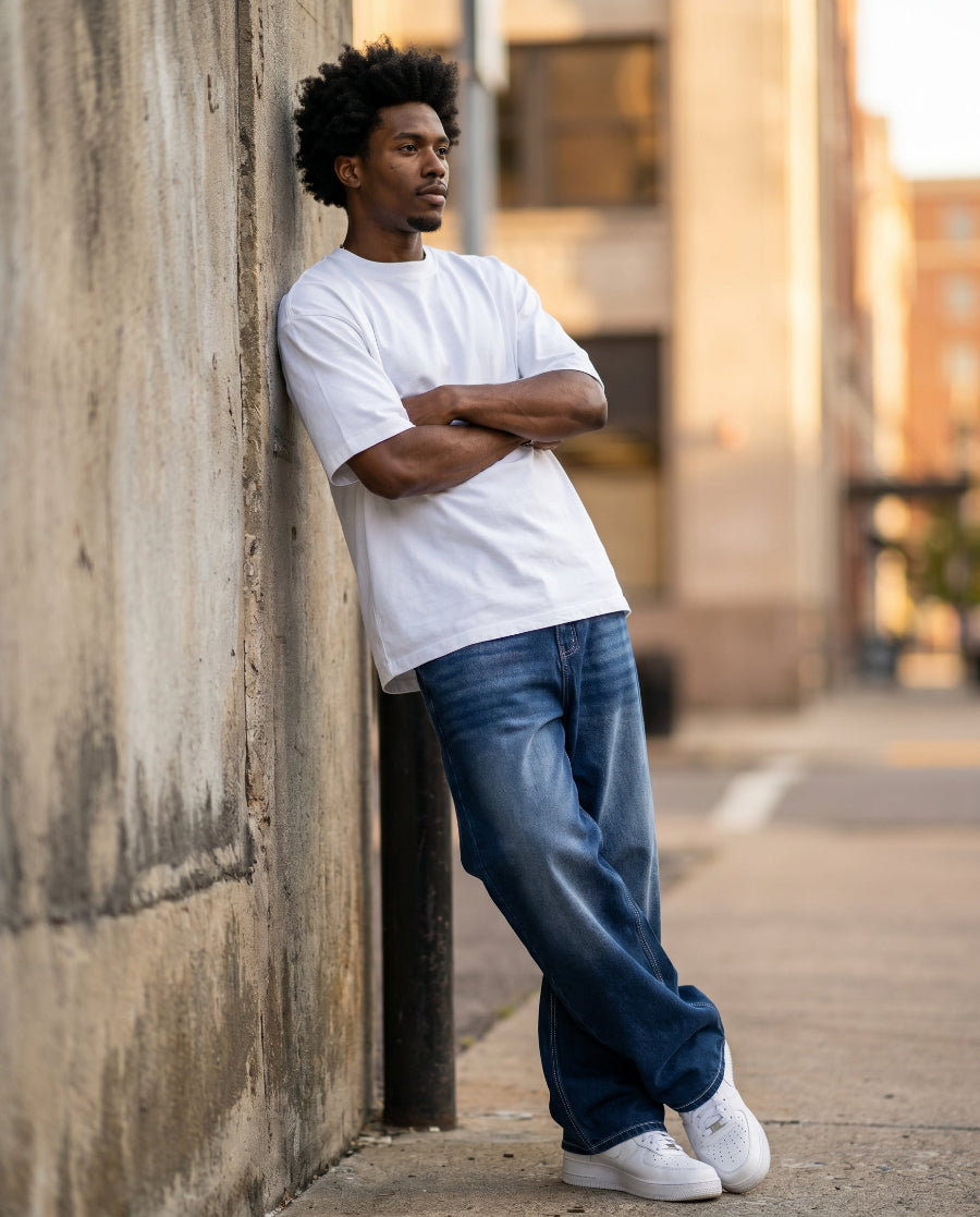 Man wearing dark blue wide-leg baggy jeans leaning against urban concrete wall, street style portrait