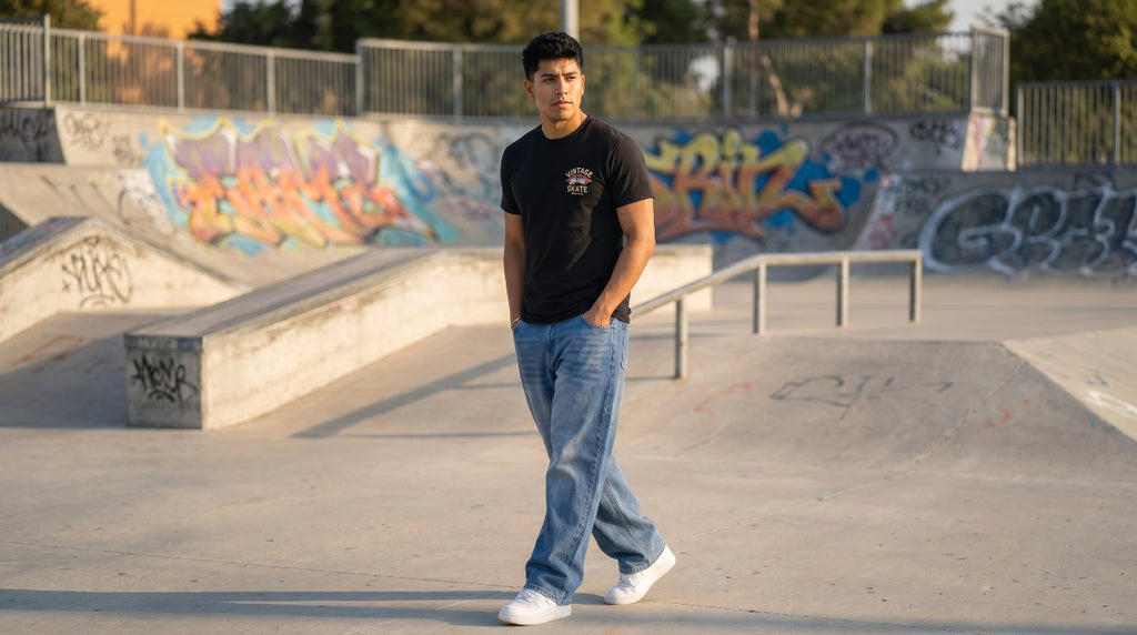Man wearing medium blue wide-leg baggy jeans at skate park at golden hour, cinematic landscape view