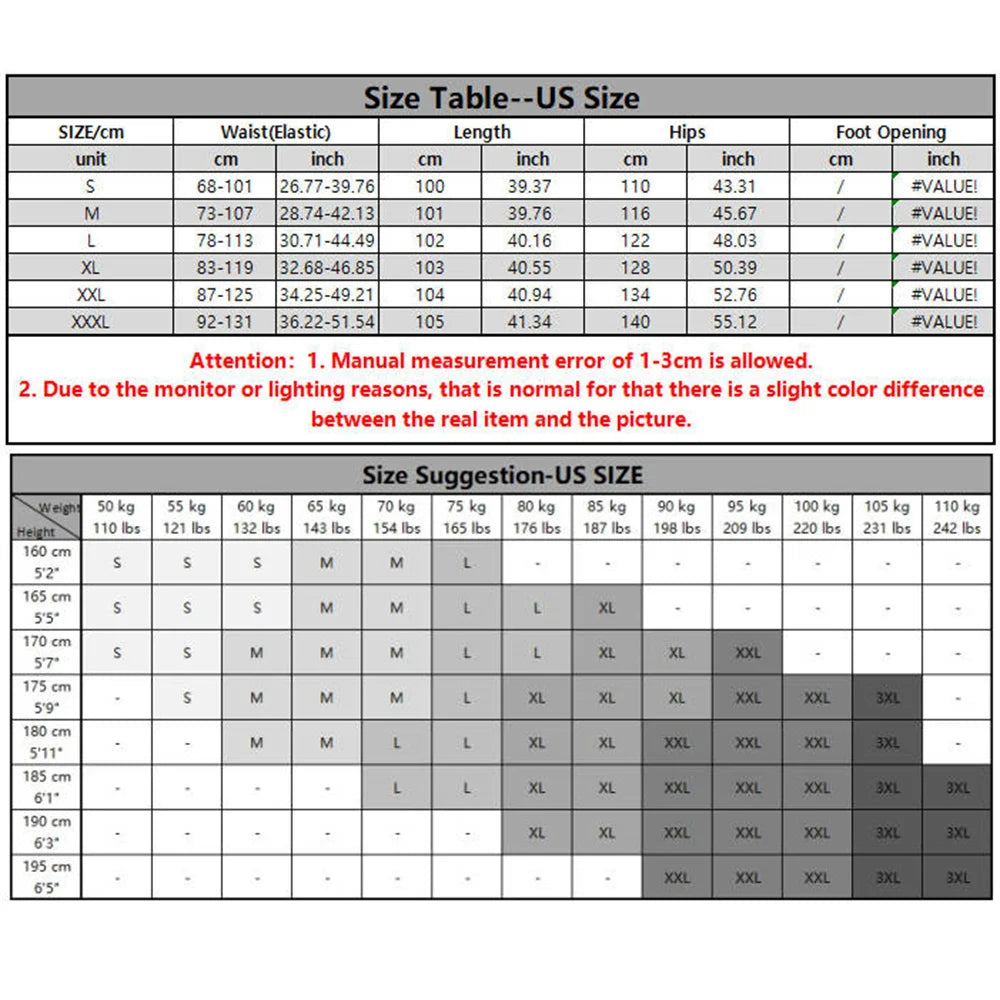 Size chart for baggy sweat pants with measurements for accurate fit