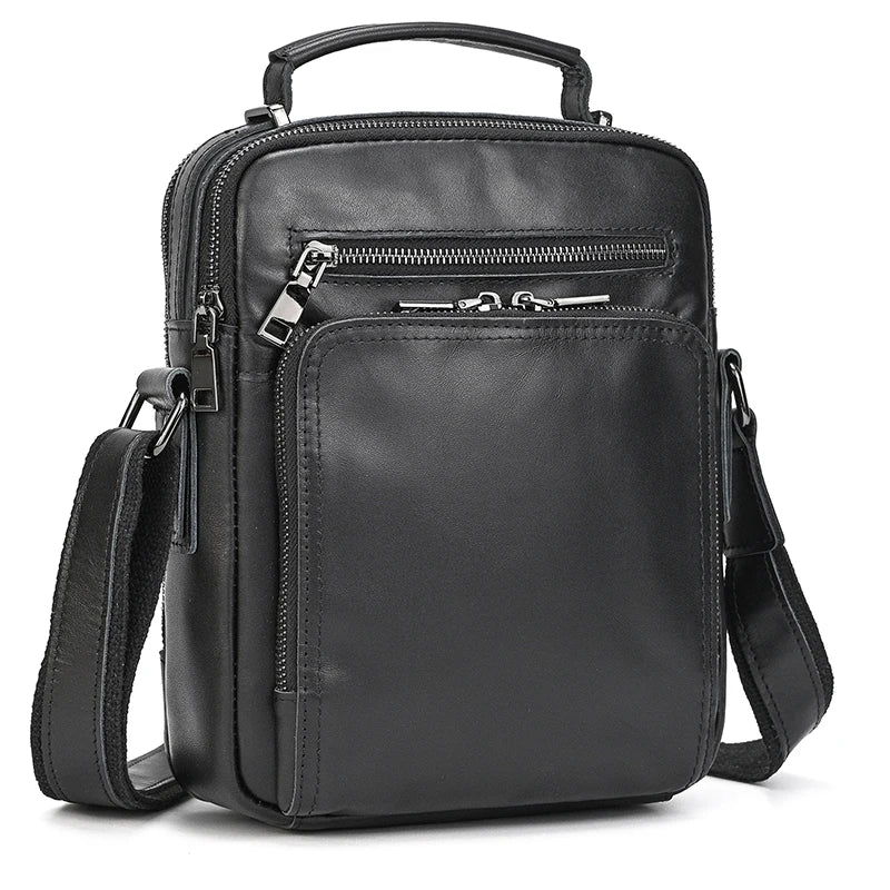Black leather messenger bag with adjustable strap for everyday use