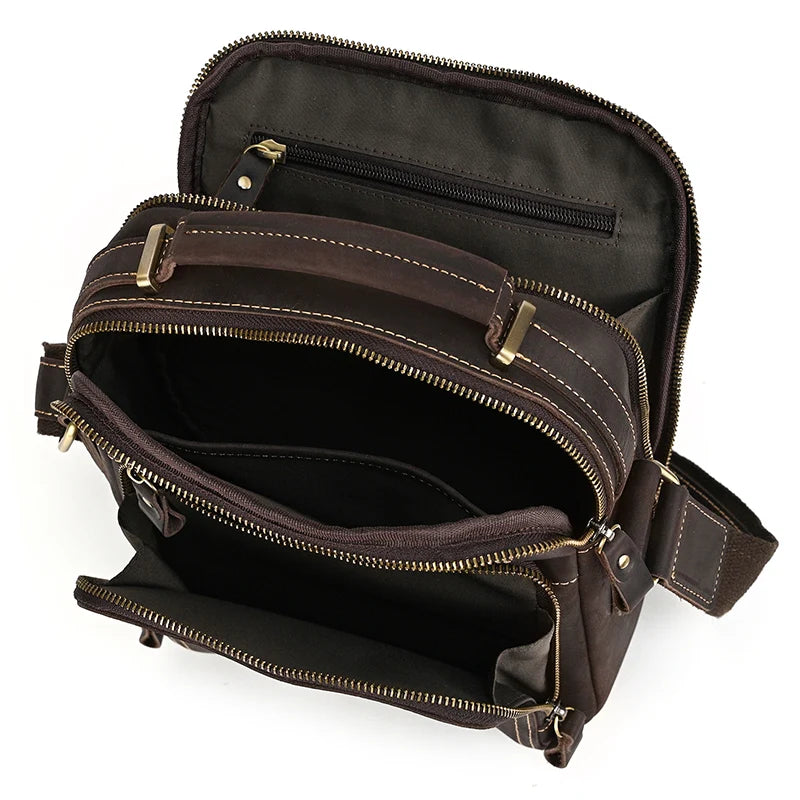 Brown leather bags messenger bag with multiple compartments for daily use