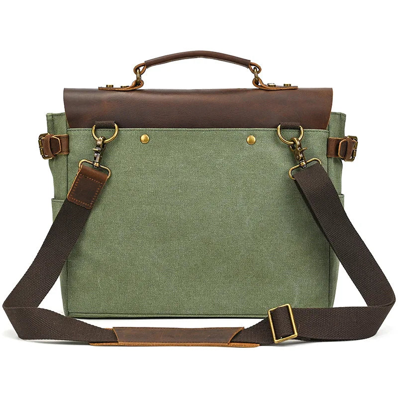 Green canvas messenger bag with brown leather accents, perfect for daily use