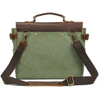 Green canvas messenger bag with brown leather accents, perfect for daily use