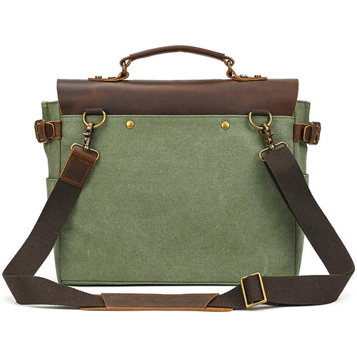 Green canvas messenger bag with brown leather accents, perfect for daily use