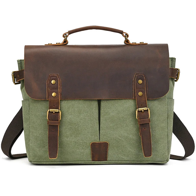 VacationGrabs messenger bag, green canvas and leather, perfect for daily use