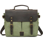 Green canvas messenger bag with leather accents for daily use