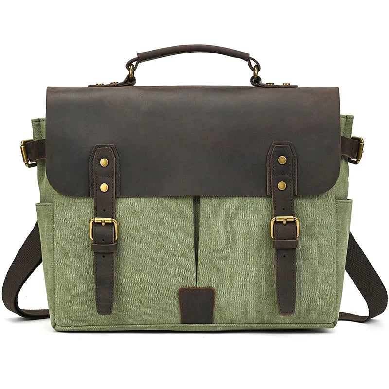 Green canvas messenger bag with leather accents for daily use