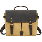 Brown canvas messenger bag with leather flaps for everyday use