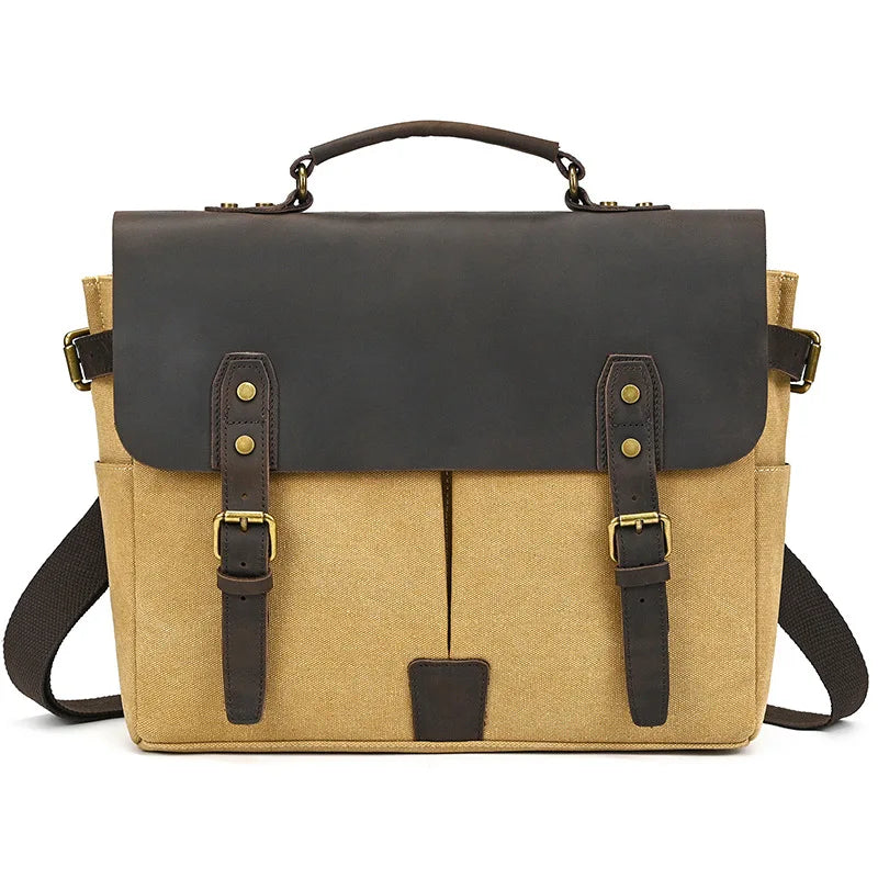 Brown canvas messenger bag with leather flaps for everyday use