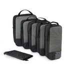 Black compression packing cubes for travel, durable fabric, set of five