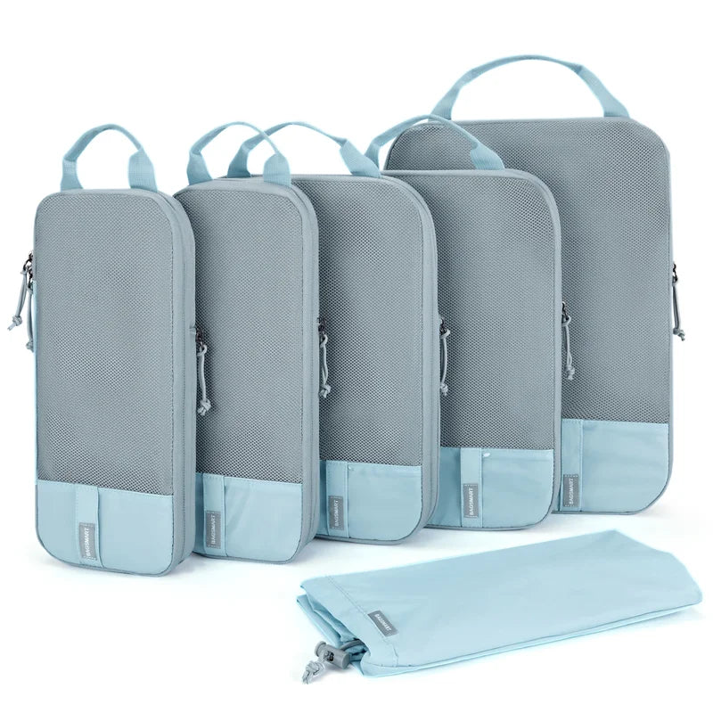 Gray compression packing cubes for travel, durable mesh and fabric