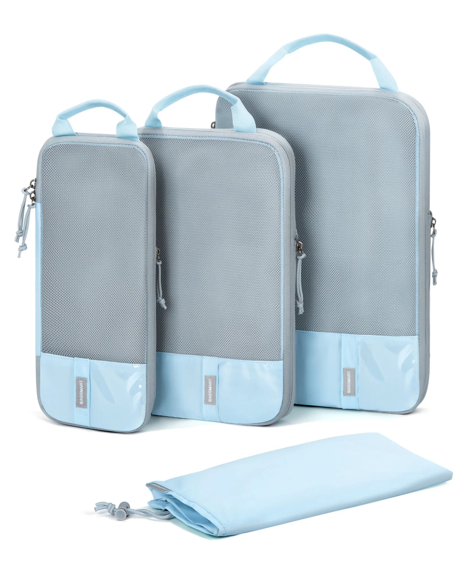 Gray and blue compression packing cubes for travel, durable and lightweight